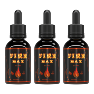 Frasco de Fire Max sobre uma superfície elegante com pétalas de rosa.